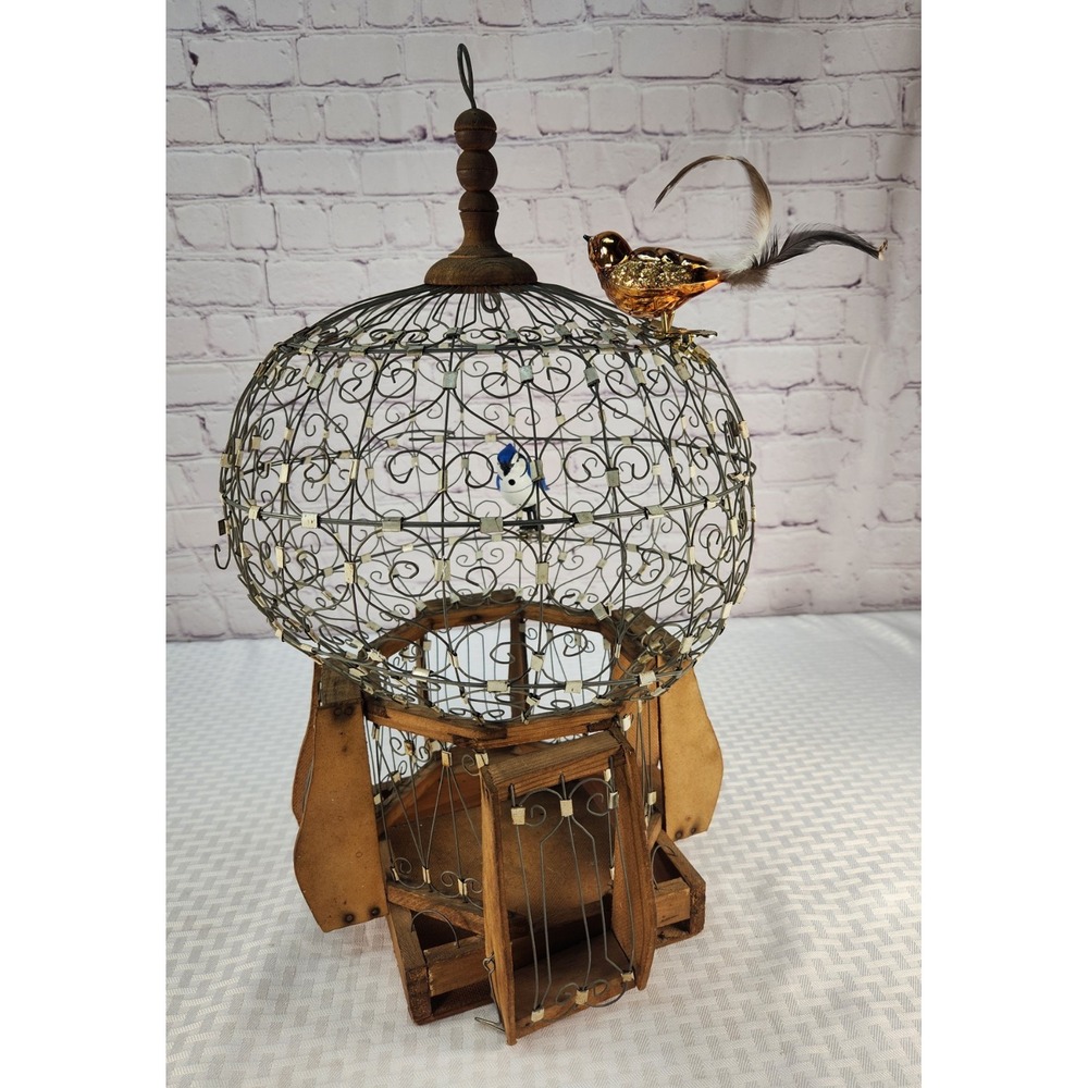 Antique Victorian Bird Cage + German Meadowlark Mercury Glass Bird & Feathers